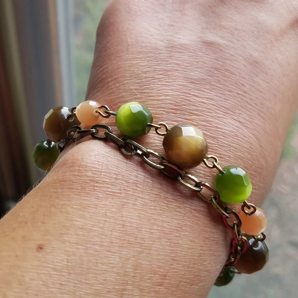 Genuine Gemstone Cat’s Eye Brass Chain Bracelet - Handmade NWT